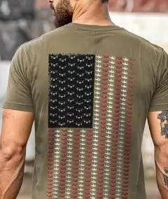backolive green military t-shirt with distressed american flag graphic made from rifle silhouettes on back
