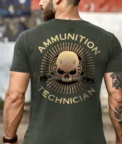 military t-shirt with ammunition technician skull and bullet graphic on back