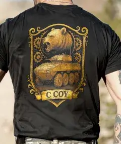 military style t-shirt featuring roaring bear on tank artwork with c coy text on back