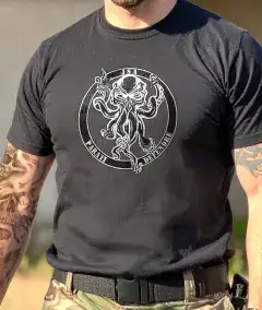 black tactical style t-shirt featuring octopus warrior mythological creature graphic on front