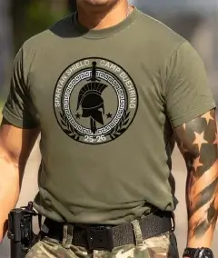military t-shirt with circular Camp Buehring shield and helmet emblem on front