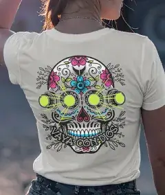 women’s white t-shirt with colorful sugar skull and tennis ball graphic on back