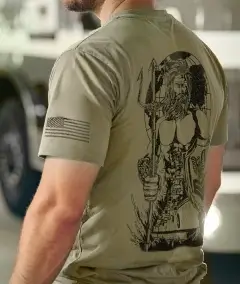 coyote brown military t-shirt with trident skull warrior artwork and american flag sleeve print