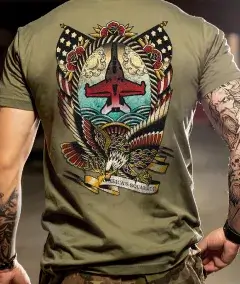 patriotic military t-shirt with eagle fighter jet and american flag artwork on back