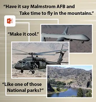 Customer inspiration images for a custom Malmstrom AFB mountain-themed t-shirt design with aircraft, helicopter, and national park style references