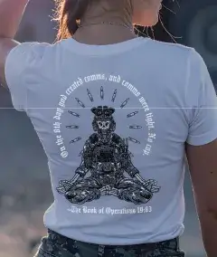 women’s gray military themed t-shirt with meditating tactical operator graphic and motivational quote on back