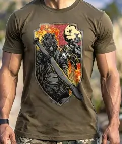 coyote brown tactical t-shirt with grim reaper soldier and rocket launcher artwork on front