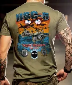 helicopter squadron t-shirt with sunset aircraft carrier and hsc 5 night rogins artwork