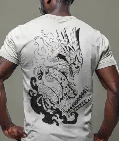 white t-shirt with detailed japanese dragon and wave tattoo style artwork on back