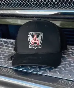 black military hat with embroidered Archangel A3 501 AMB patch on front