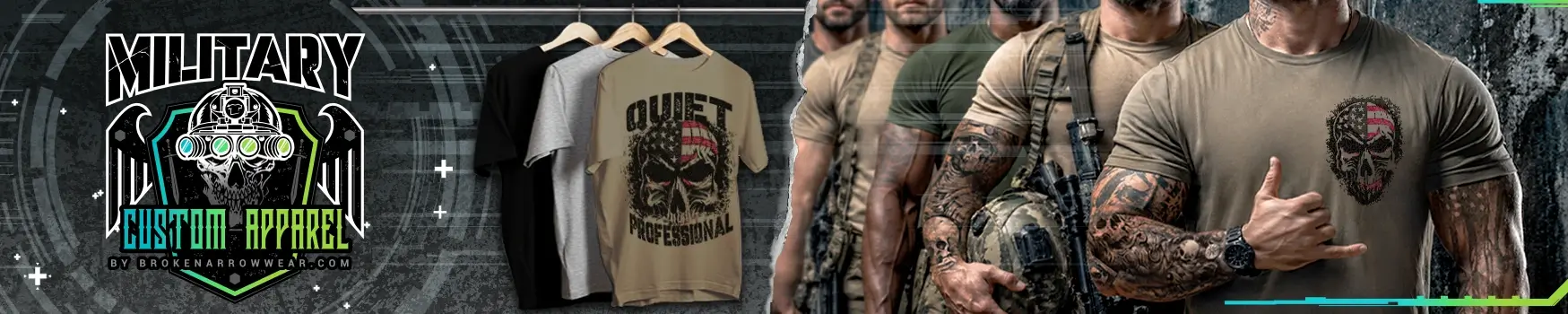 military custom apparel website banner featuring tactical skull artwork soldiers and patriotic graphic t-shirts for custom military apparel branding