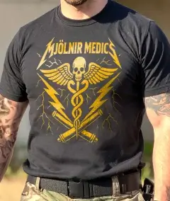military medic t-shirt featuring skull wings lightning bolts and mjolnir medics graphic on front
