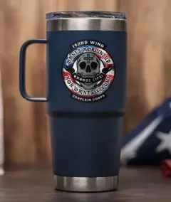 travel tumbler with custom military style squadron patch logo on front