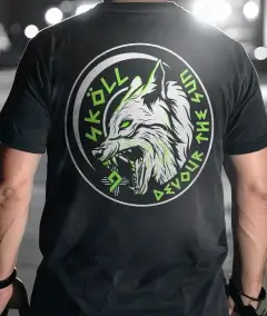 black military t-shirt with circular wolf graphic and neon green tactical lettering on back