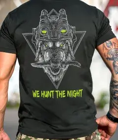 military style t-shirt with wolf wearing night vision goggles and we hunt the night text