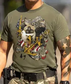 military t-shirt with patriotic eagle anchor and weapons artwork on front