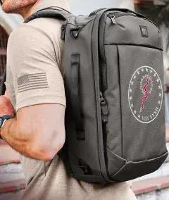 tactical backpack with custom embroidered military style patch and american flag sleeve shirt