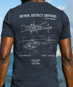 aircraft technical blueprint graphic military t-shirt with helicopter schematic and deter detect defend text