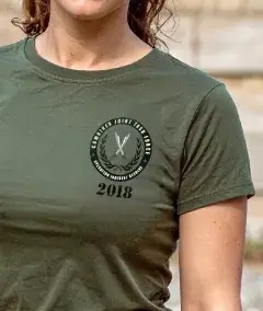 fitted women’s military style t-shirt with crossed swords emblem and 2018 text